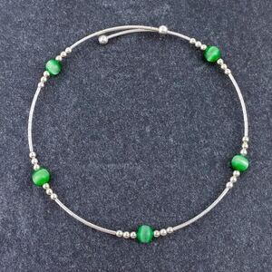 Women's Sterling Silver 925 Memory Wire Green Simulated Cat's Eye Bracelet 7.5"